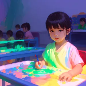 Smiling schoolboy learning in a colorful classroom