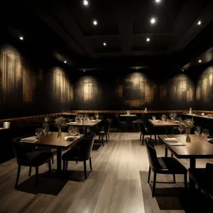 Modern restaurant interior design with wooden furniture and lamp
