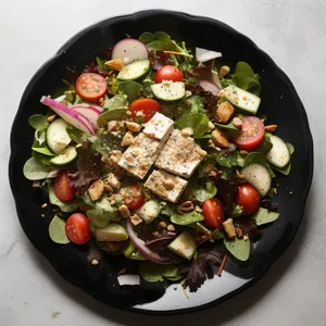 Fresh Vegetable Salad with Grilled Meat and Olives