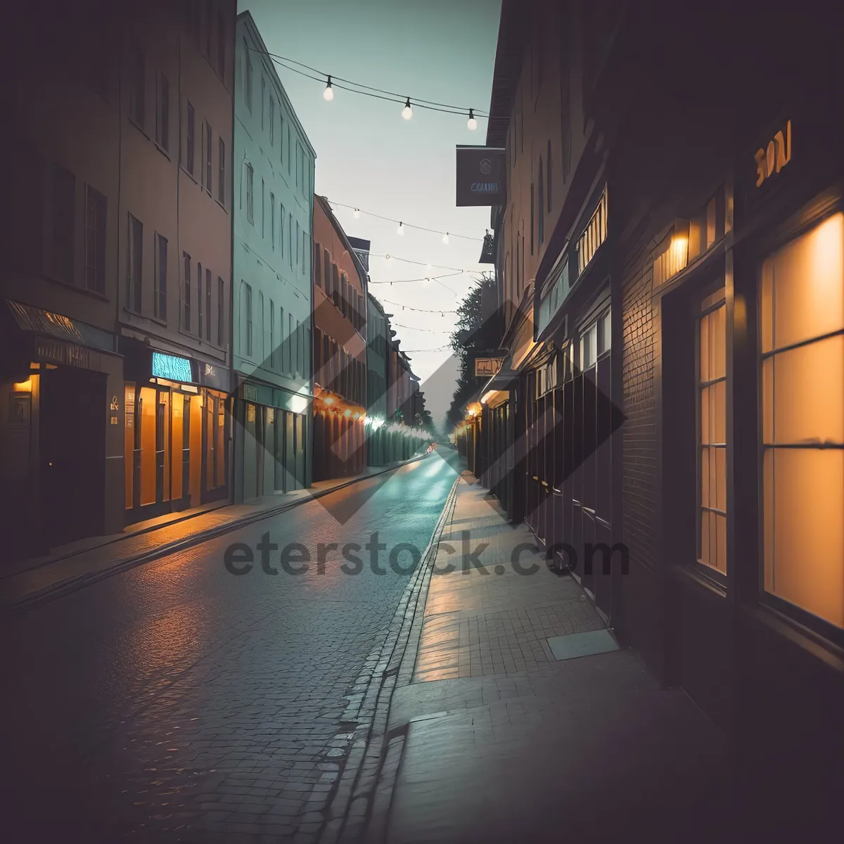 Picture of Urban Night Lights Reflecting on River Bridge