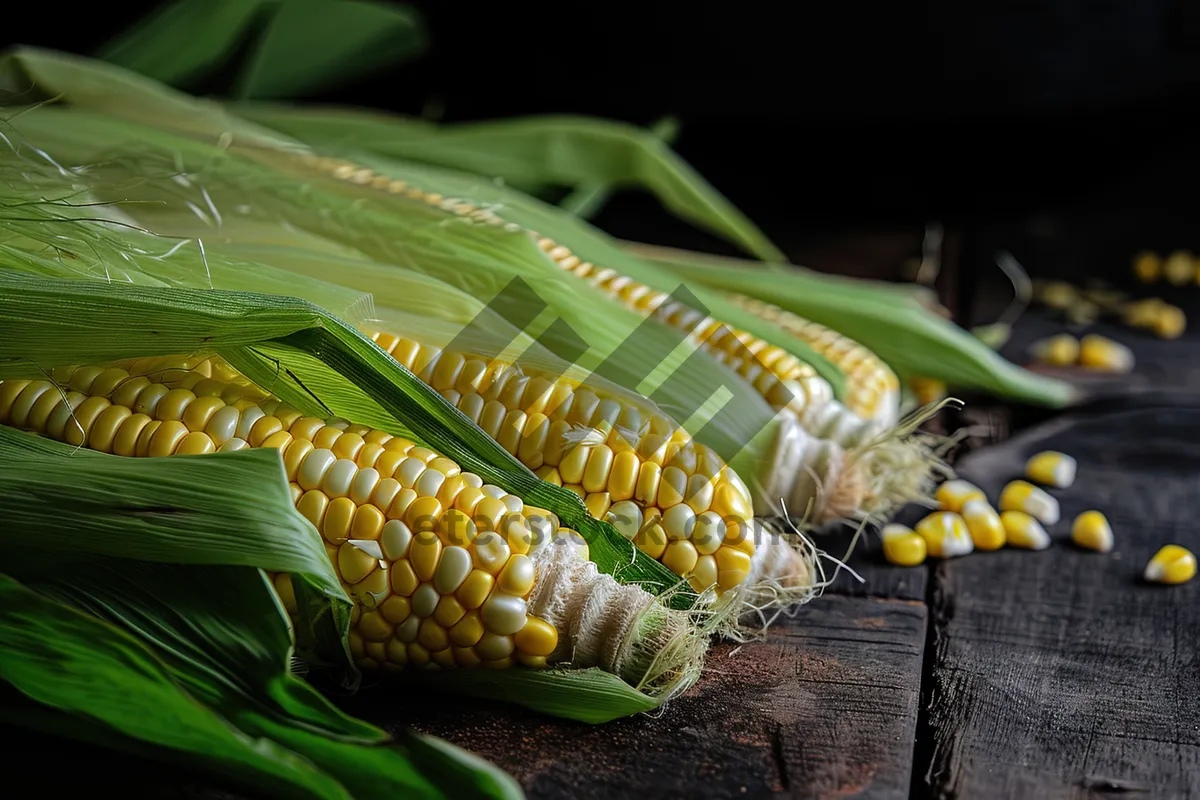 Picture of Organic Yellow Corn Cob with Fresh Kernels.