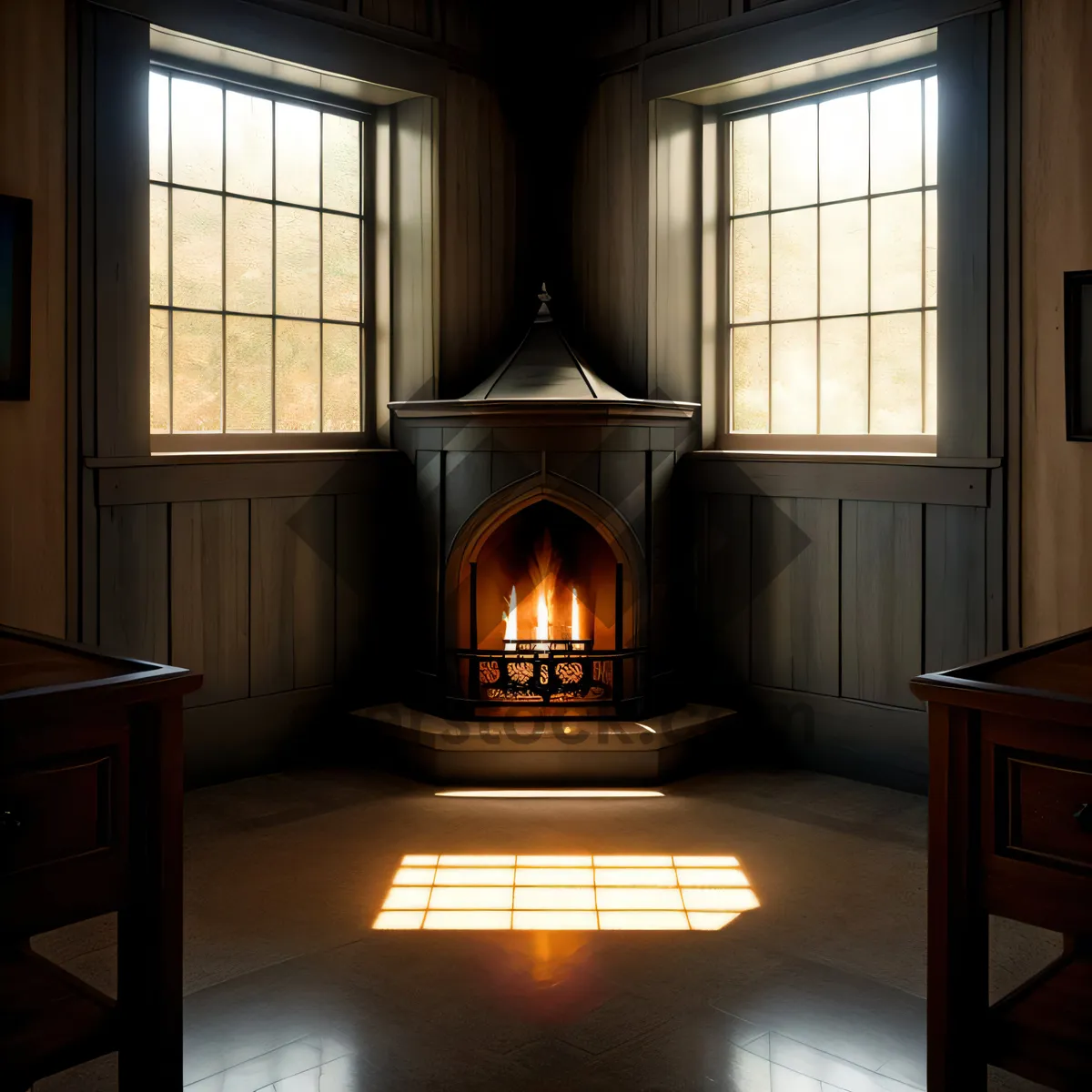 Picture of Modern Corner Fireplace with Wood Furniture and Window