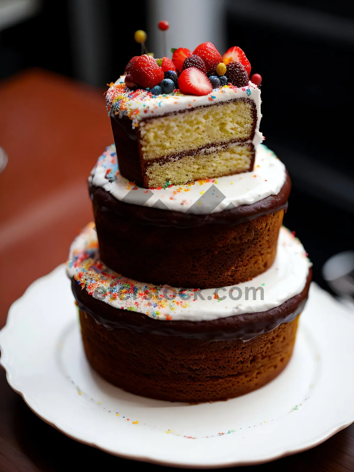 Picture of Delicious Fruit Plate with Sweet Cake and Chocolate Sauce