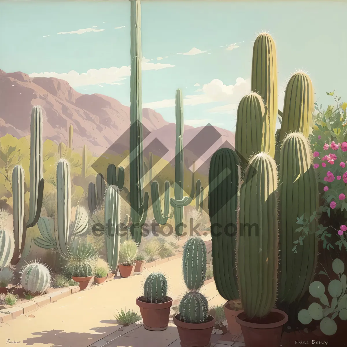 Picture of Blooming Desert Garden with Saguaro Cactus and Tulips