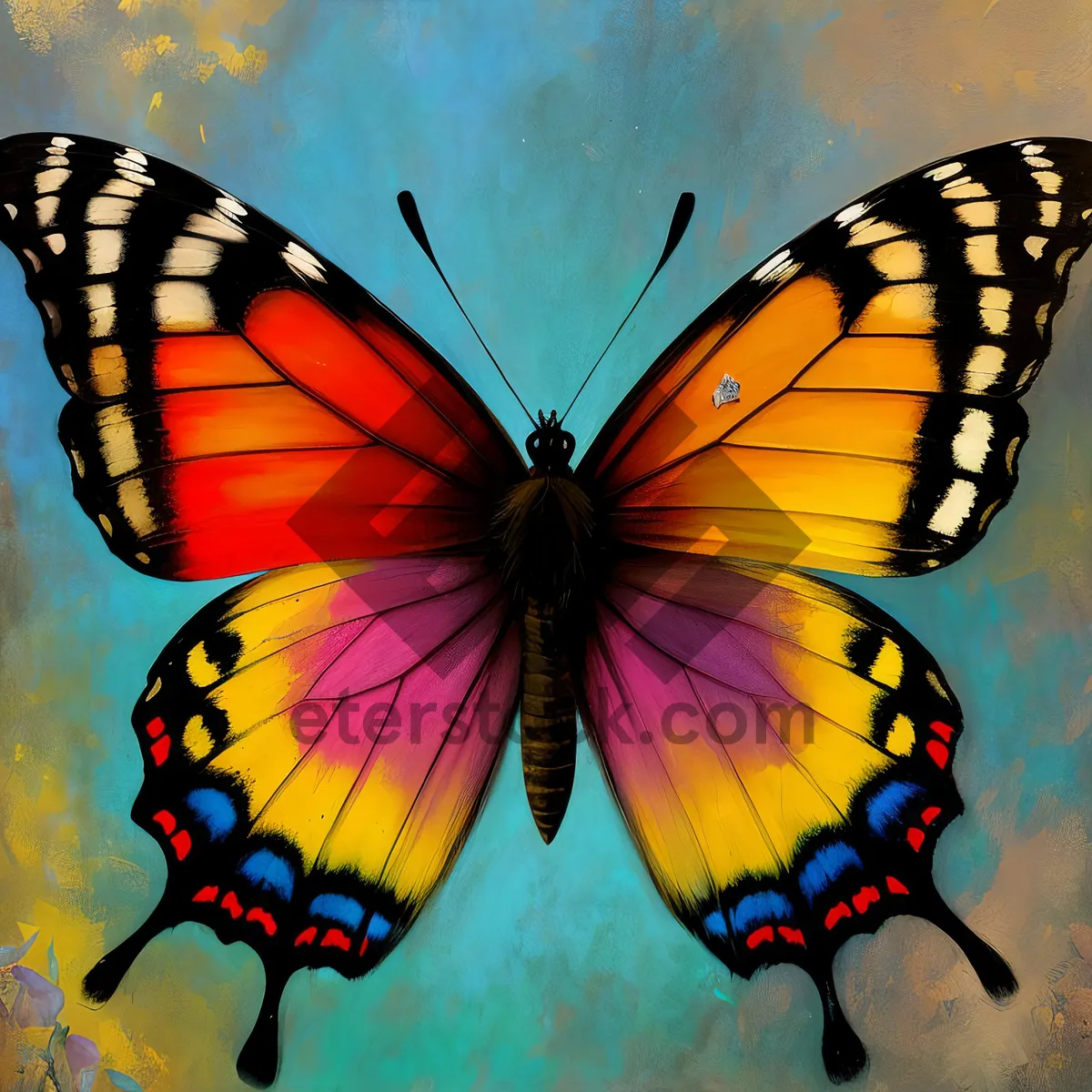 Picture of Colorful flying monarch butterfly with parachute wings.