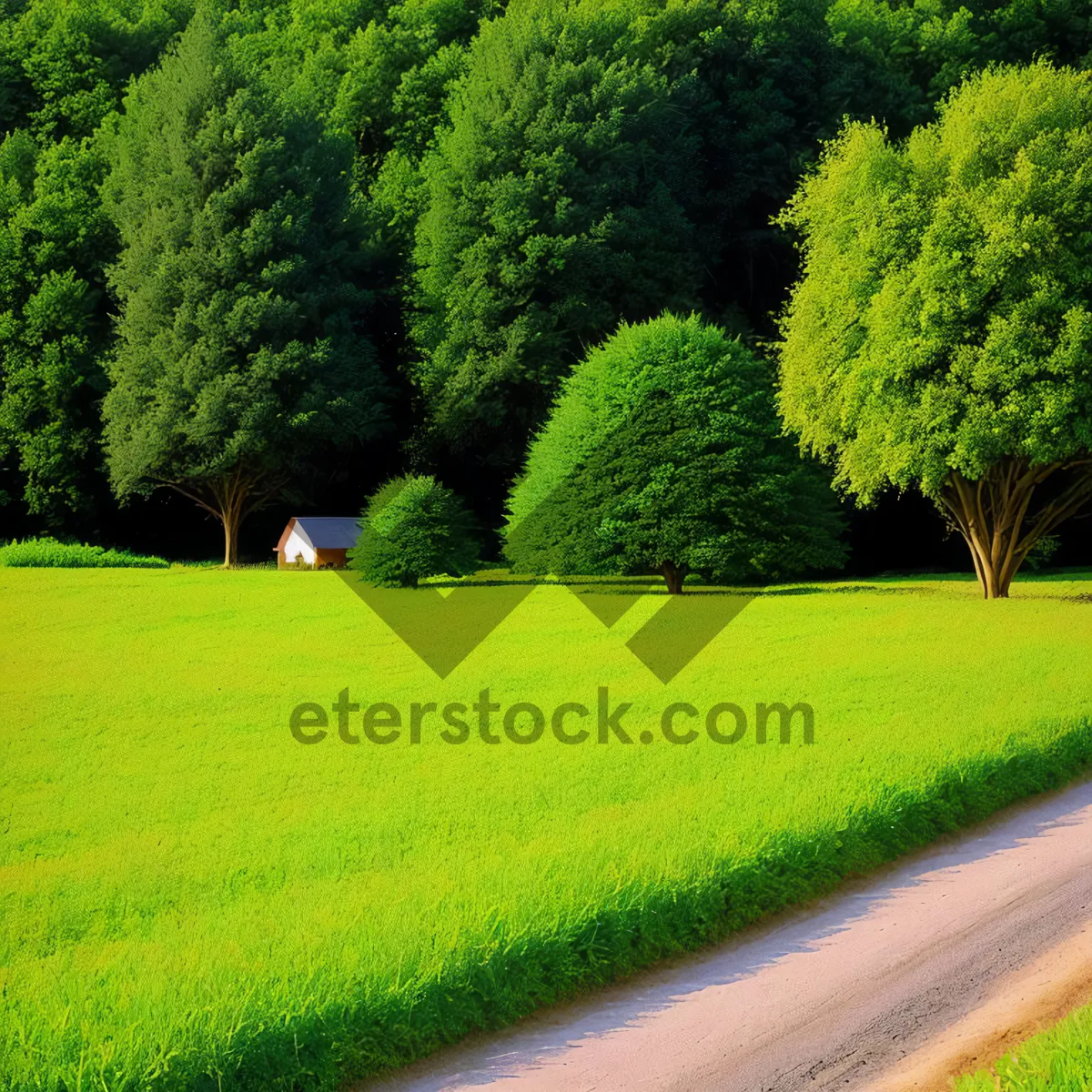 Picture of Serene countryside landscape with lush green grass and trees