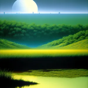Sunset over the serene countryside meadow.