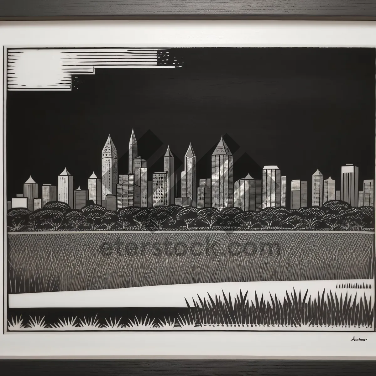 Picture of Cityscape framed by barrier: Urban skyline under a picket fence.