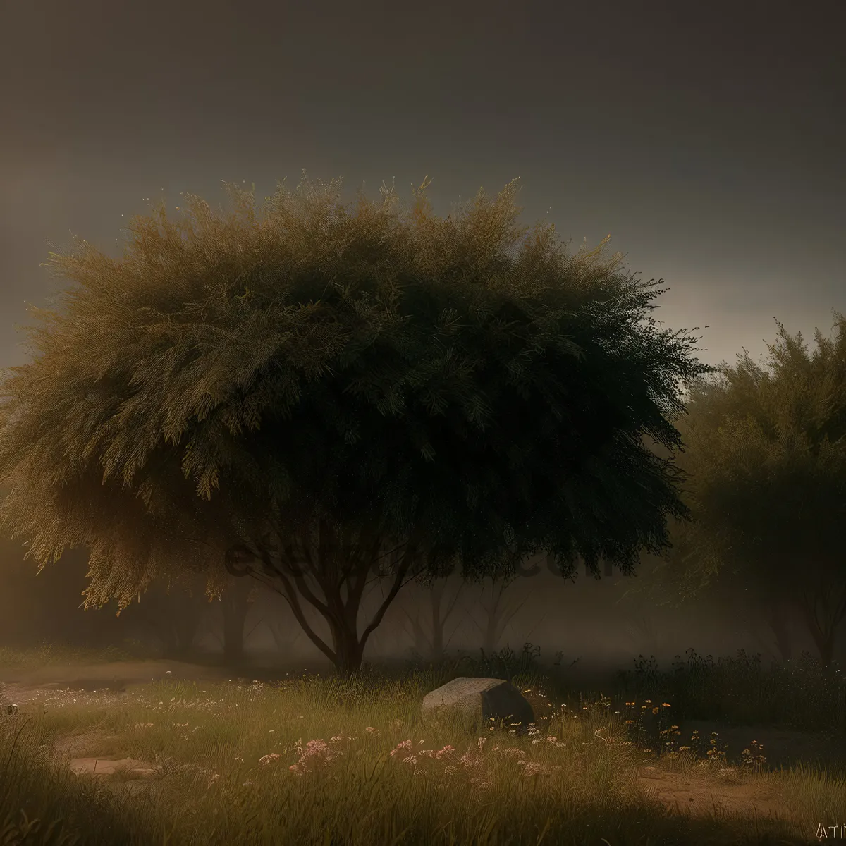 Picture of Lush Tree Landscape with Vast Field and Reed