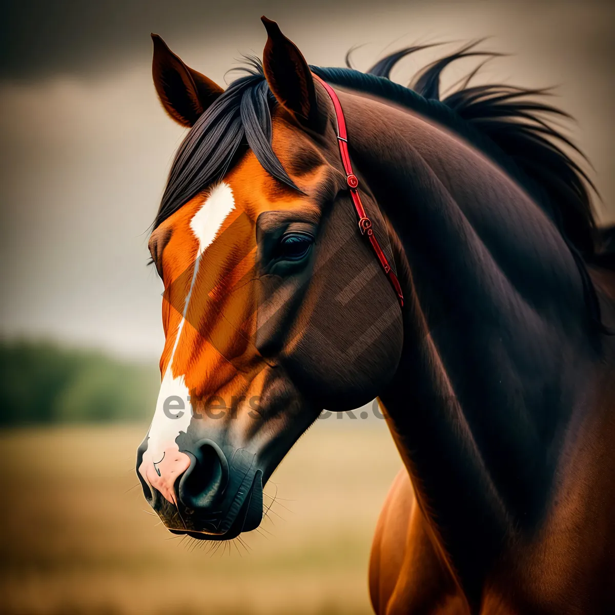 Picture of Majestic Chestnut Thoroughbred Horse in Rural Meadow