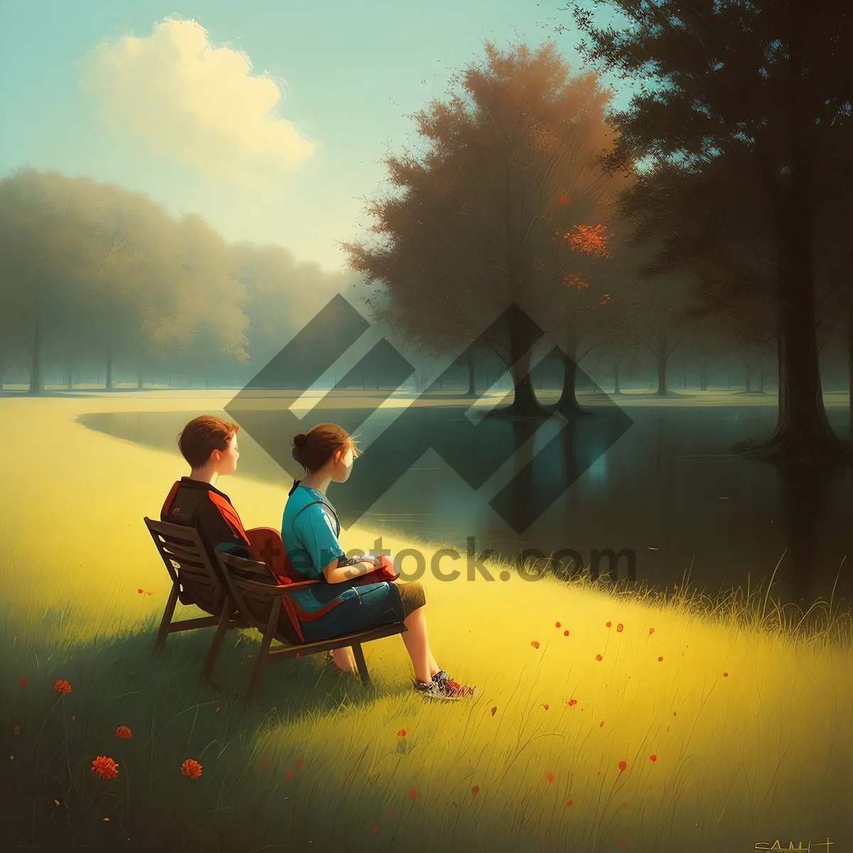 Picture of Serene Sunset Setting on Park Bench