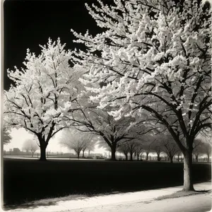 Winter Wonderland: Majestic trees and park bench in a snowy landscape.