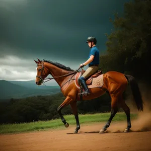 Graceful Thoroughbred Stallion Galloping in Rural Pasture