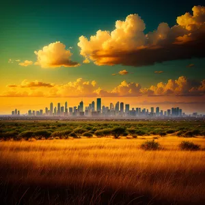 Vibrant Sunset Sky Over a Rural Meadow