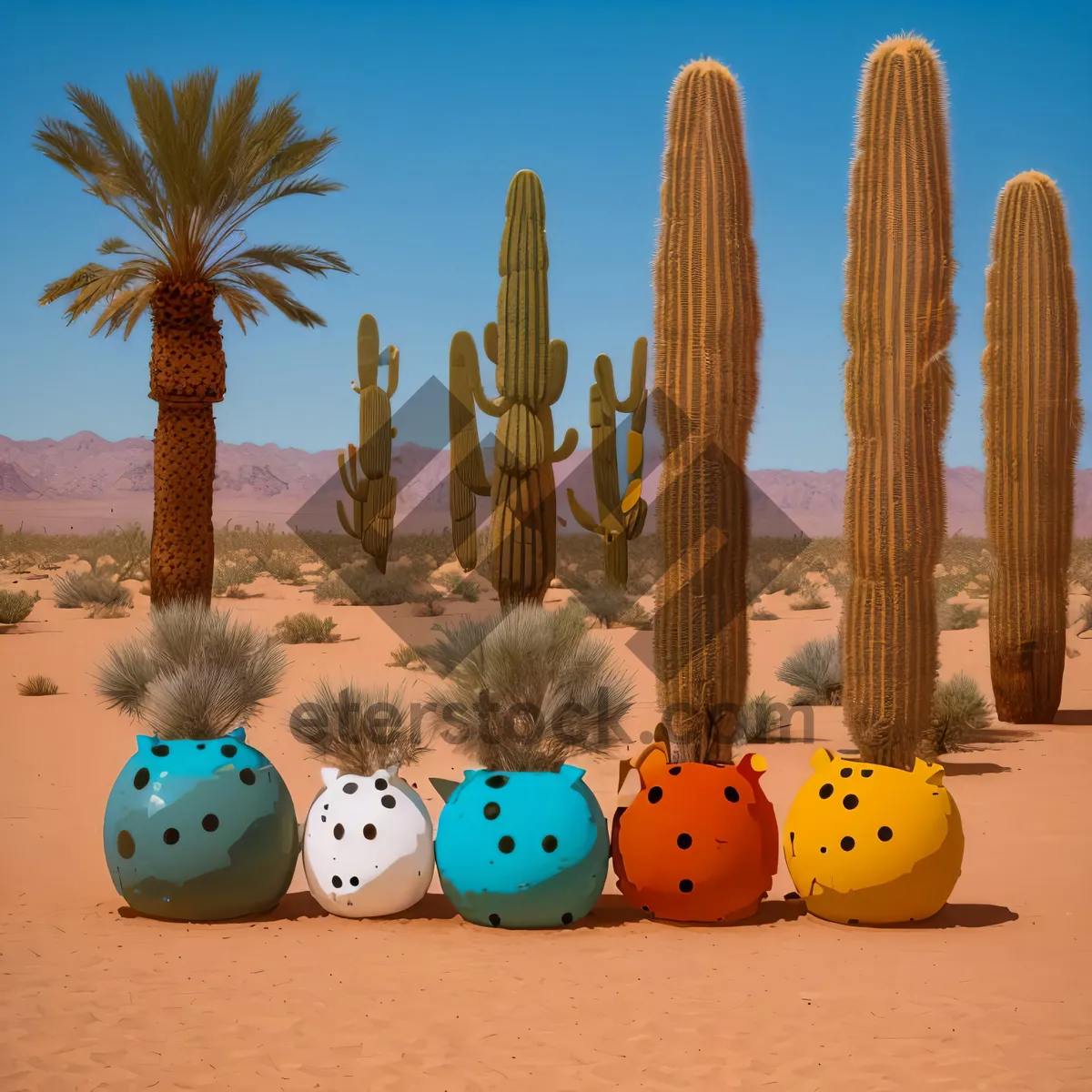 Picture of Sunny desert landscape with saguaro cactus and blue sky.