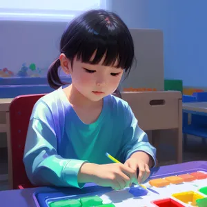 Happy preschool student studying in colorful classroom
