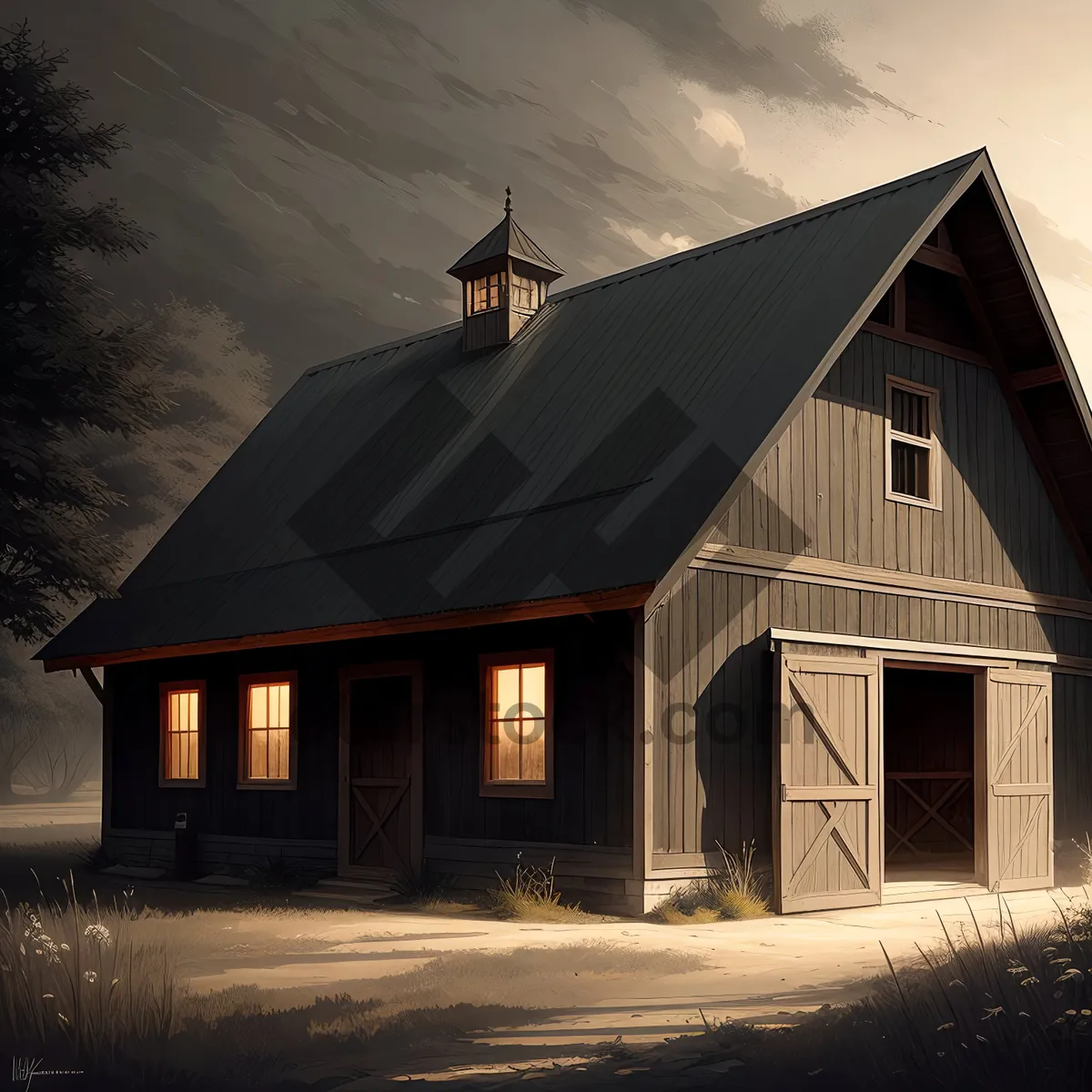 Picture of Rustic Country Barn with Serene Farm Landscape