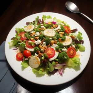 Delicious gourmet vegetable salad with fresh cheese