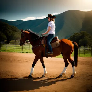 Equestrian Cowboy Riding a Brown Stallion