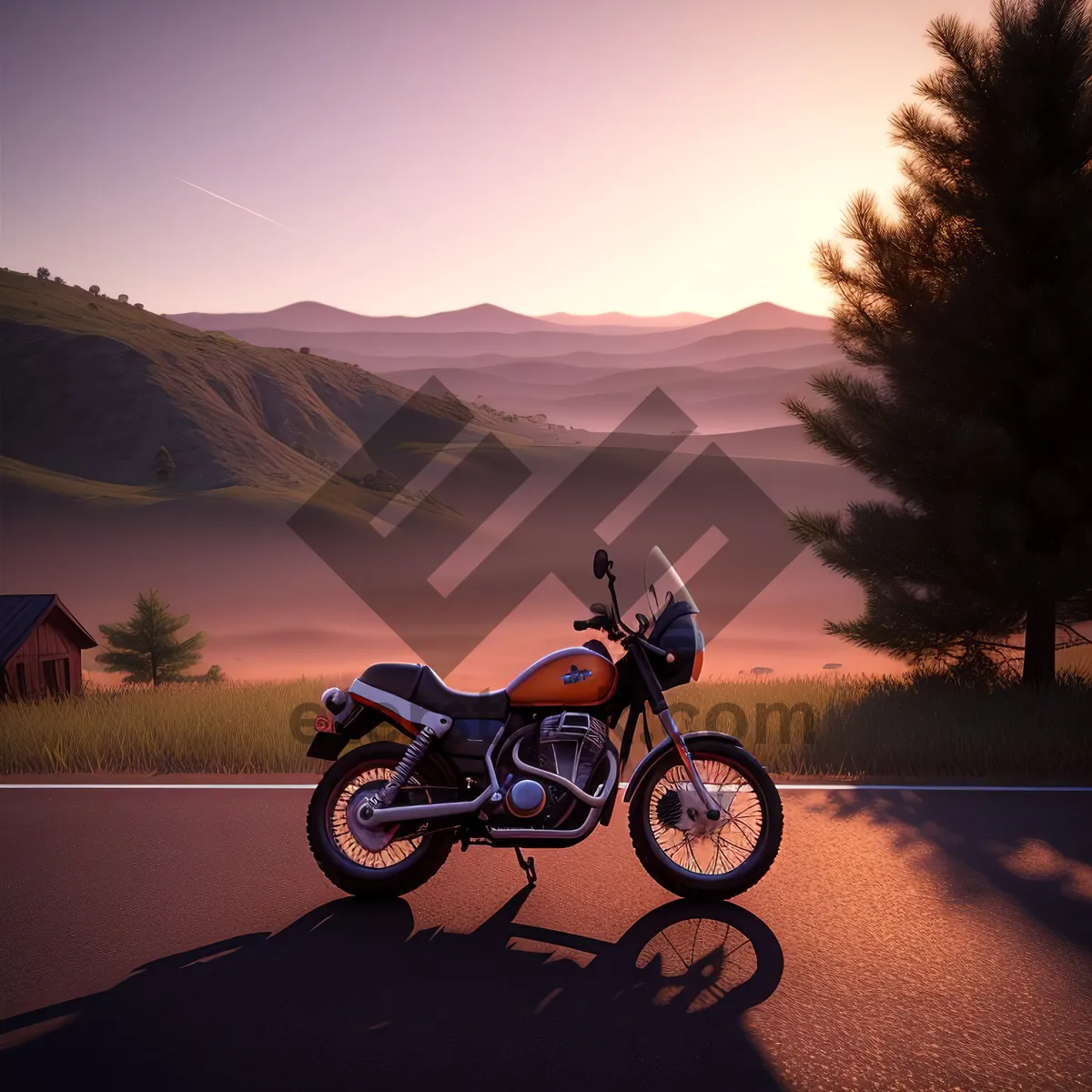 Picture of Mountain Biker Racing Across Stunning Sunset Landscape