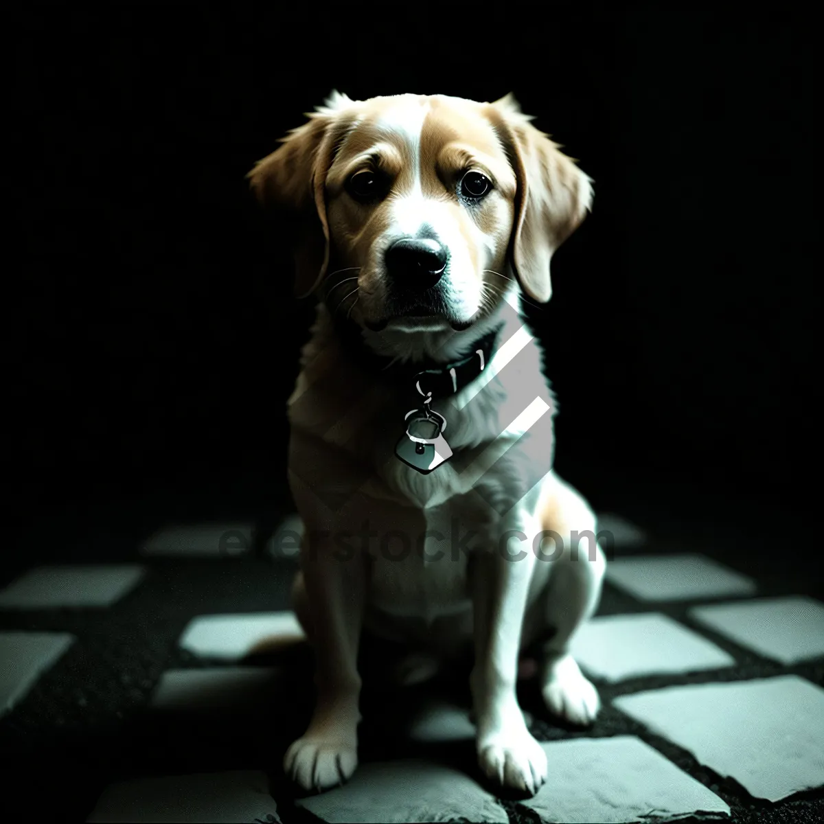 Picture of Cute Retriever Puppy with Brown Collar Sitting in Studio