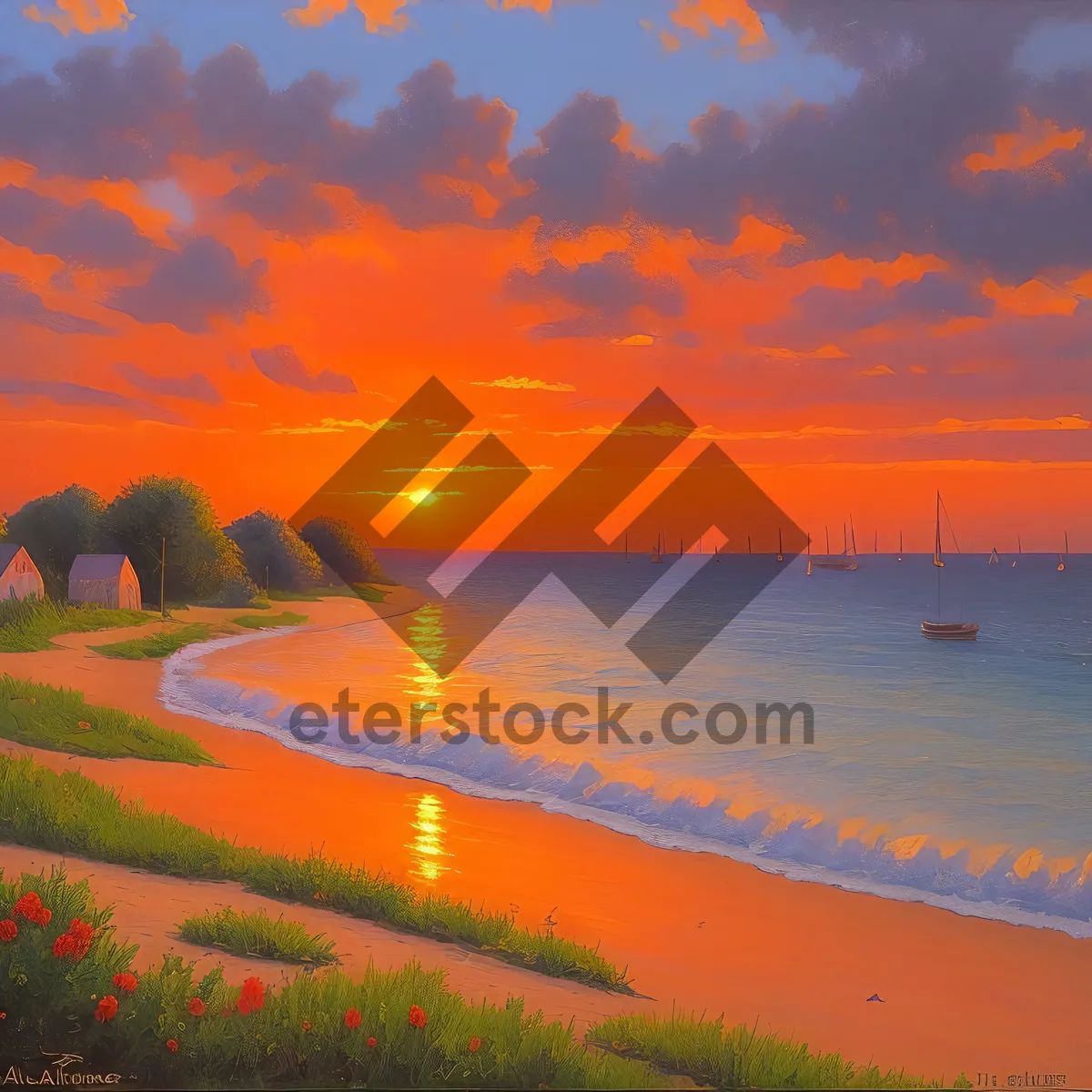 Picture of Golden Sunset over Tropical Beach Coastline