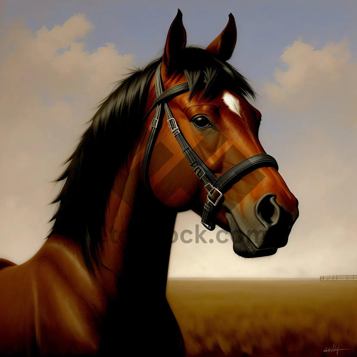 Picture of Brown Thoroughbred Stallion in Bridle and Halter