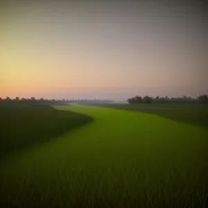 Serene Horizon: A picturesque countryside landscape with a stunning sunset over a vast meadow and tranquil lake.