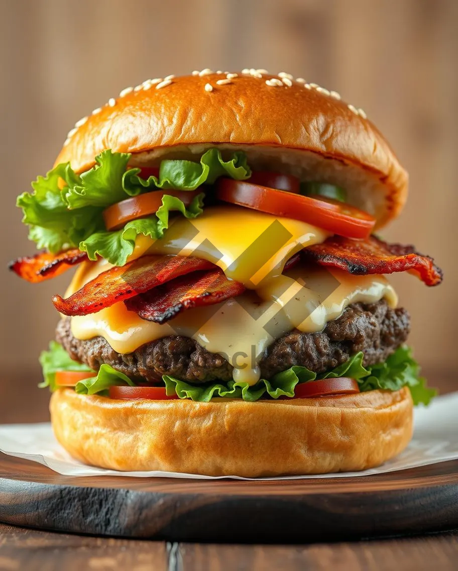 Picture of Grilled beef burger with melted cheese and veggies