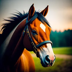 Thoroughbred Stallion with Brown Mane in Meadow