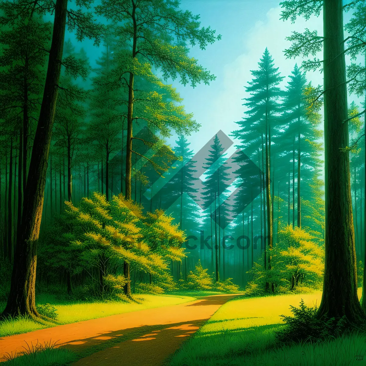 Picture of Idyllic Forest Path with Sunlight Streaming Through Trees