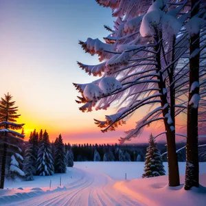 Snowy Winter Landscape with Evergreen Fir Trees