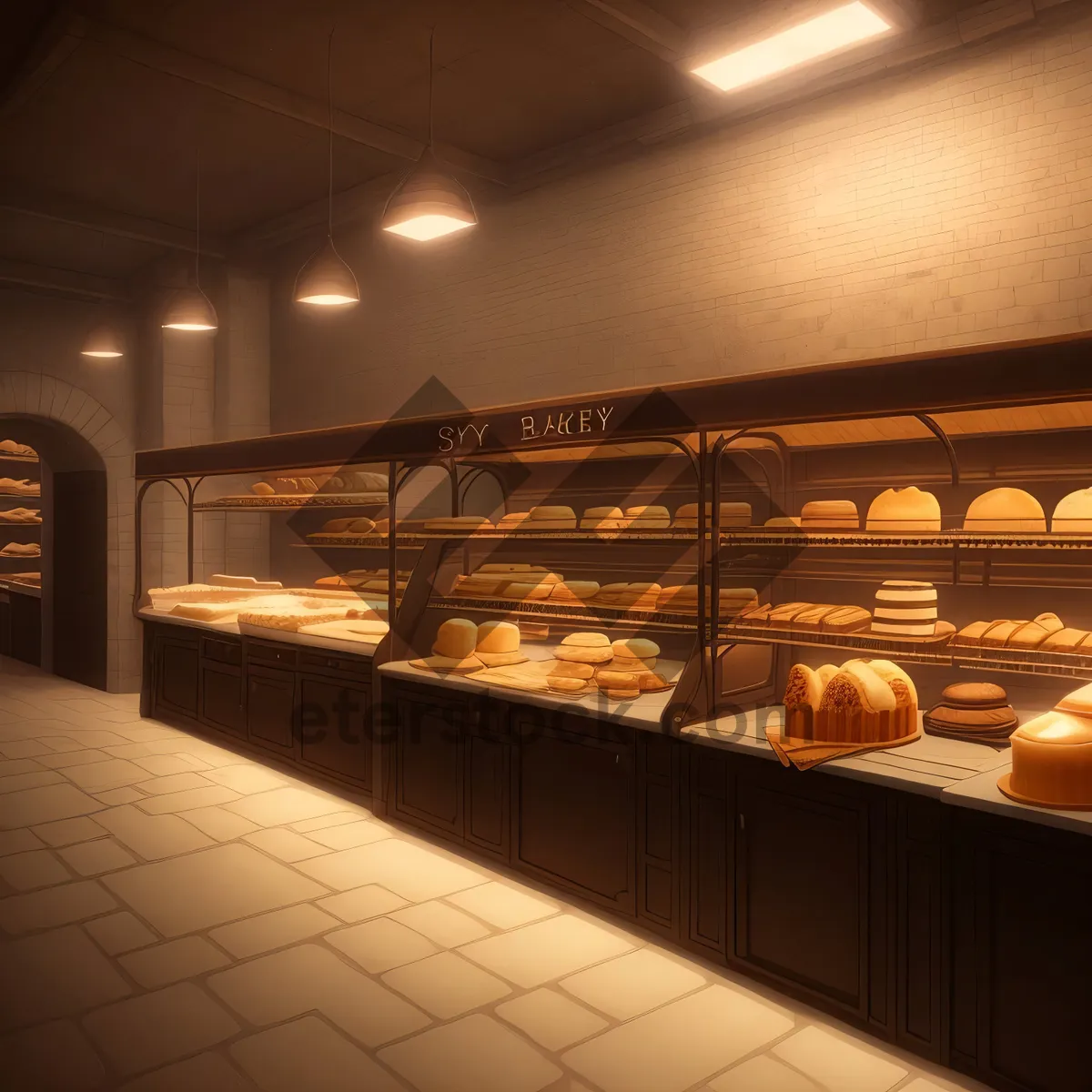 Picture of Modern Bakery Shop Interior with Wooden Furniture