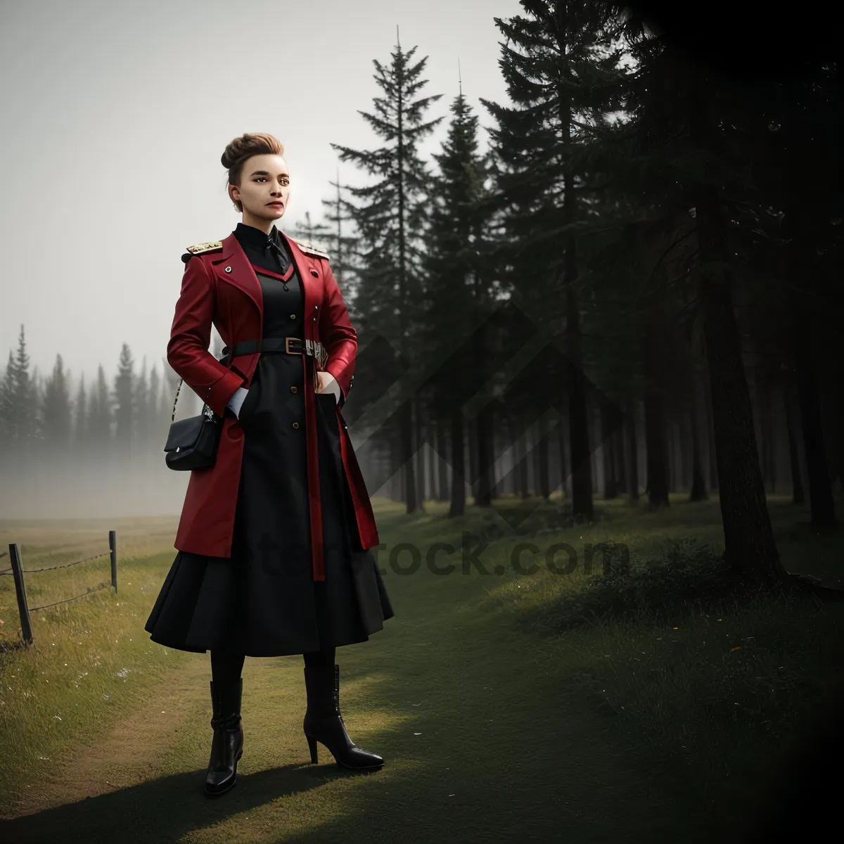 Picture of Happy man in raincoat and bearskin hat costume