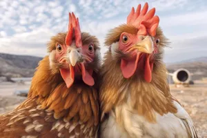 Chicken with bright red comb and feathers