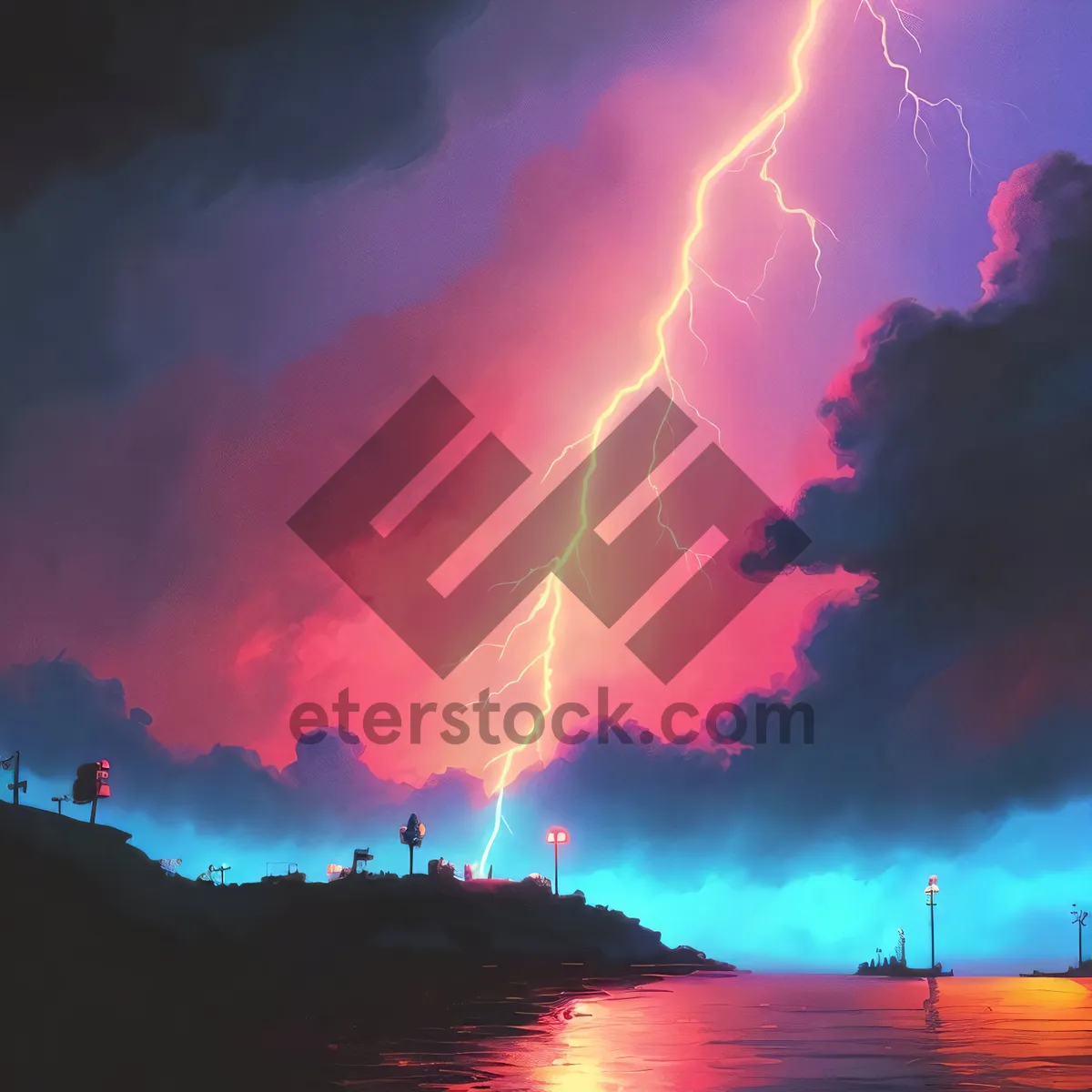 Picture of Dramatic Sunset Sky with Bright Lightning and Powerful Storm