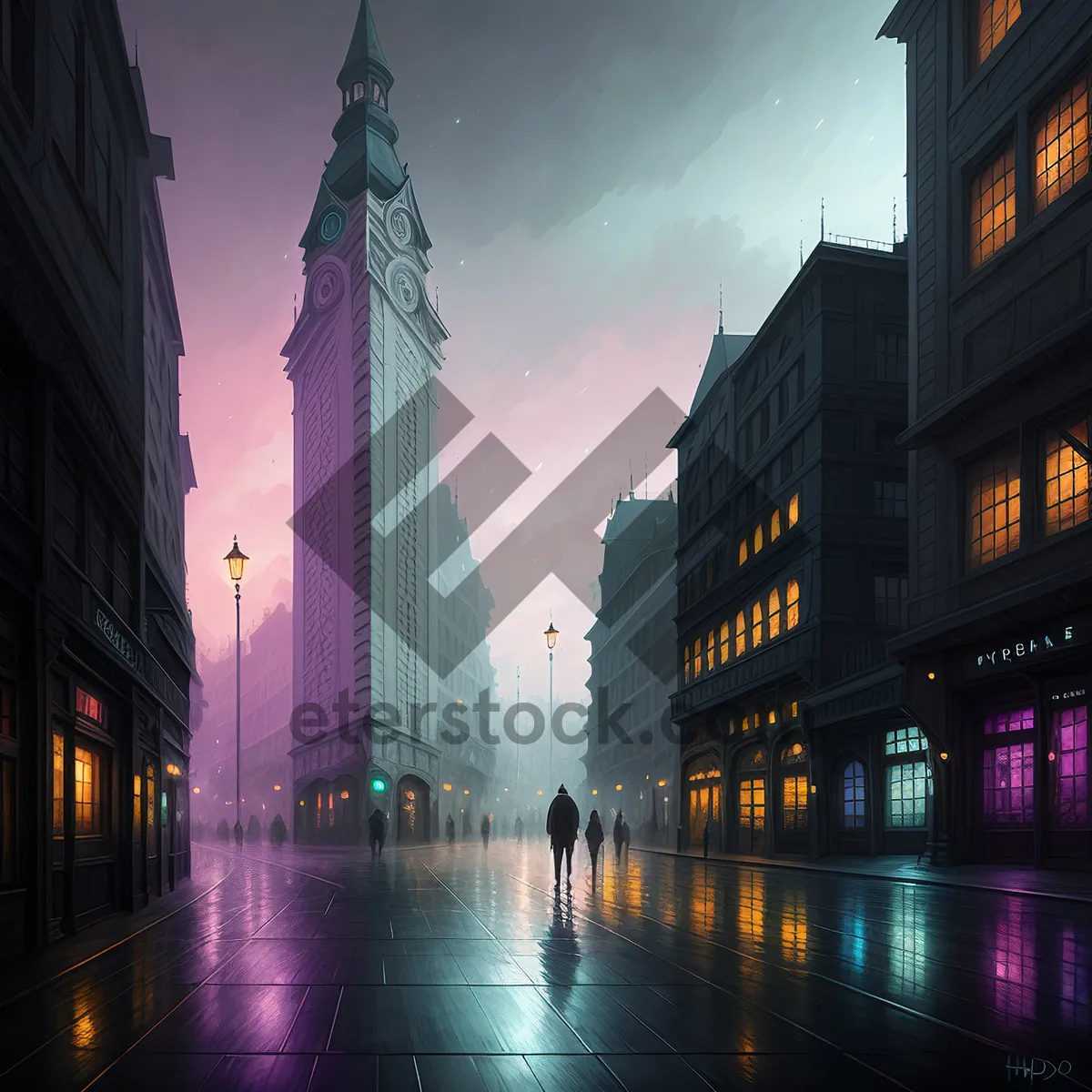 Picture of Nighttime Cityscape with Towering Skyscrapers and River