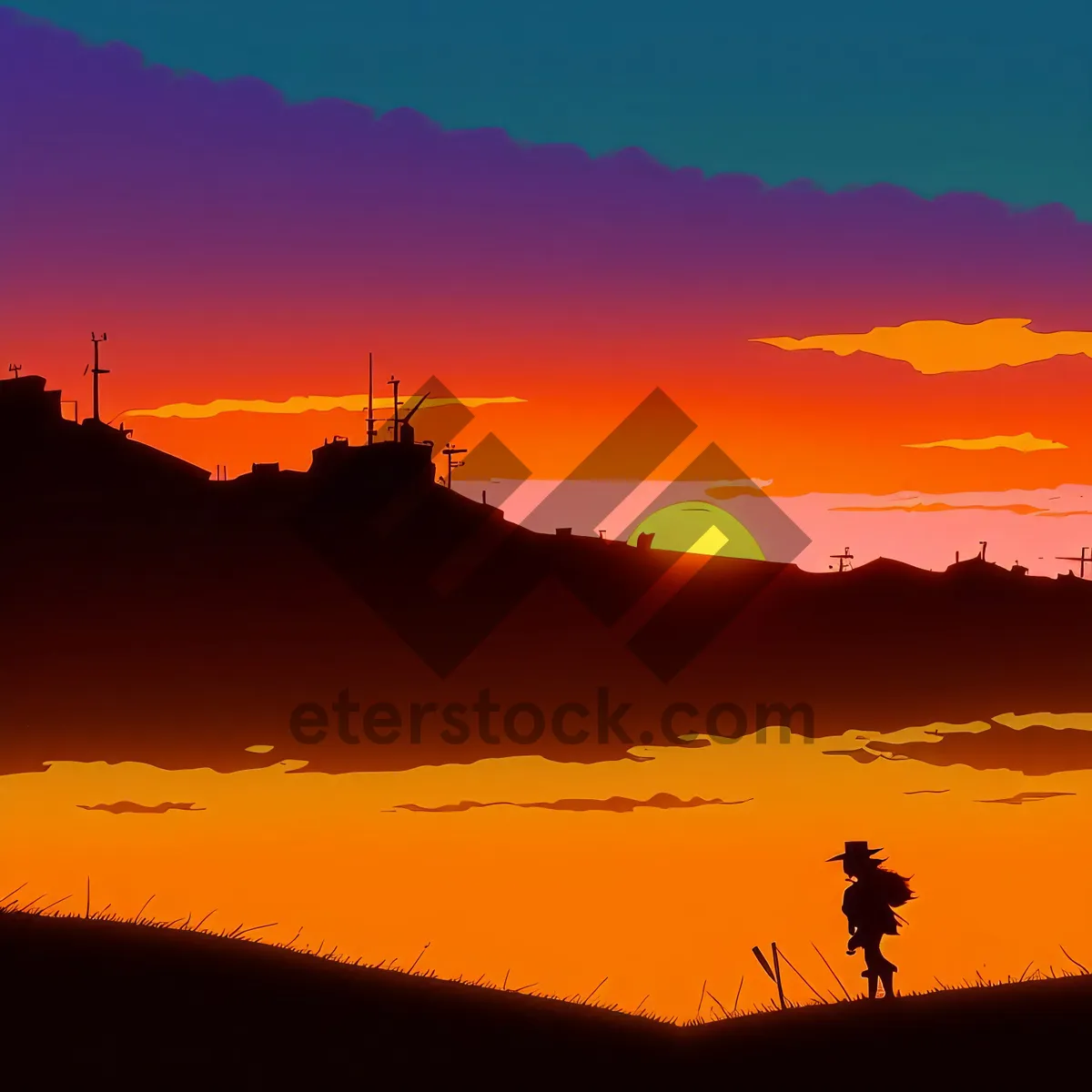 Picture of Sunset silhouette over mountain horizon.