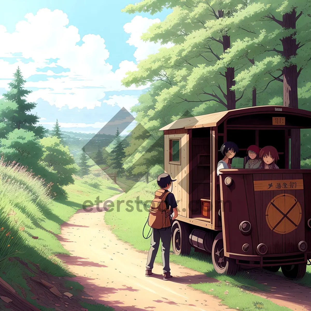 Picture of Vintage Tram Car Traveling through Yurt Dwellings