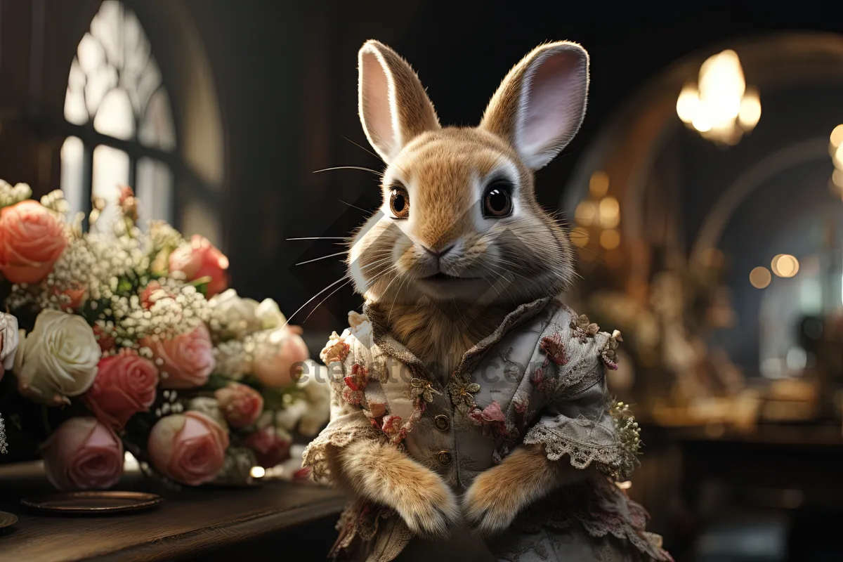 Picture of Cute Brown Rabbit Sitting in Studio Grass