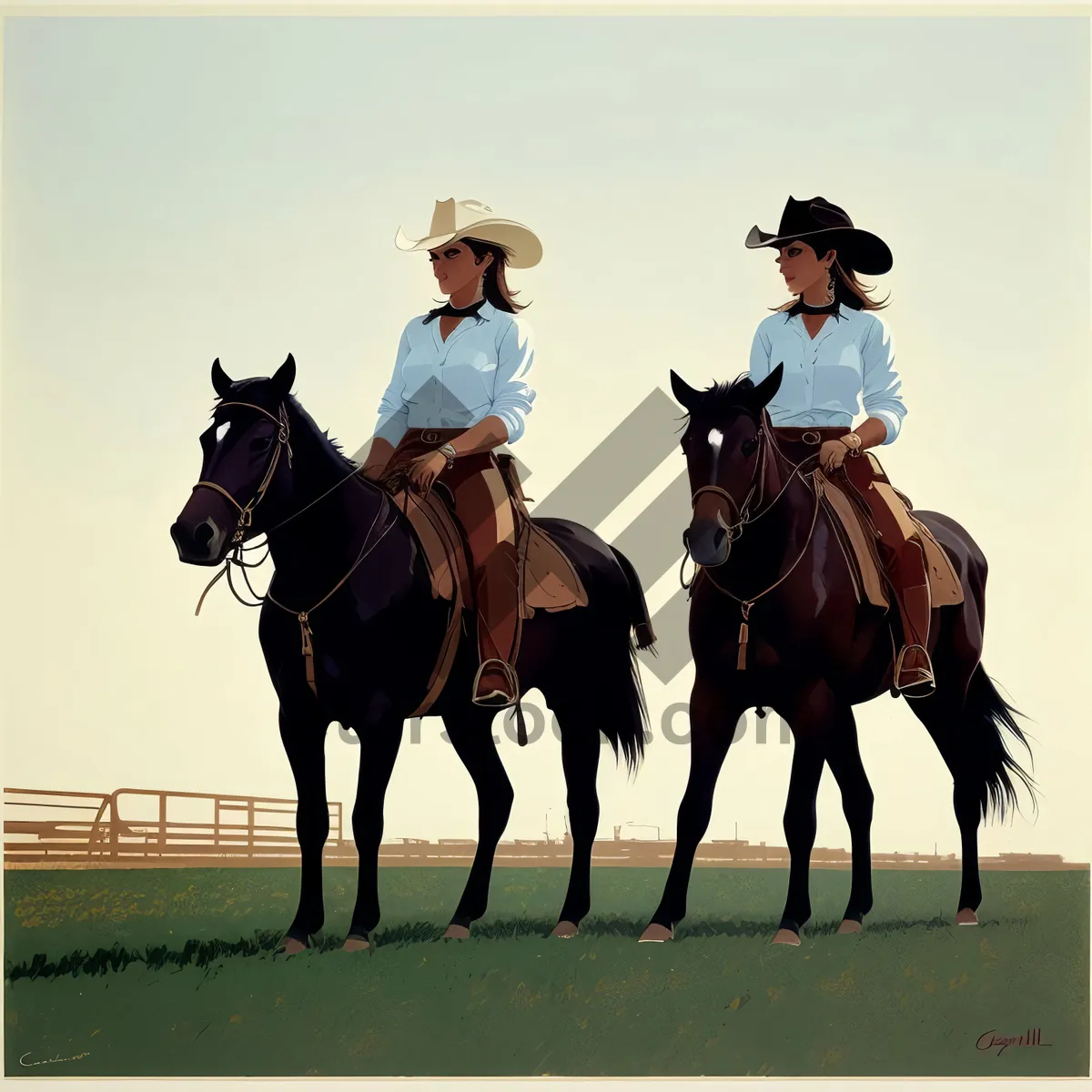 Picture of Equestrian rider on horseback in rural farm field