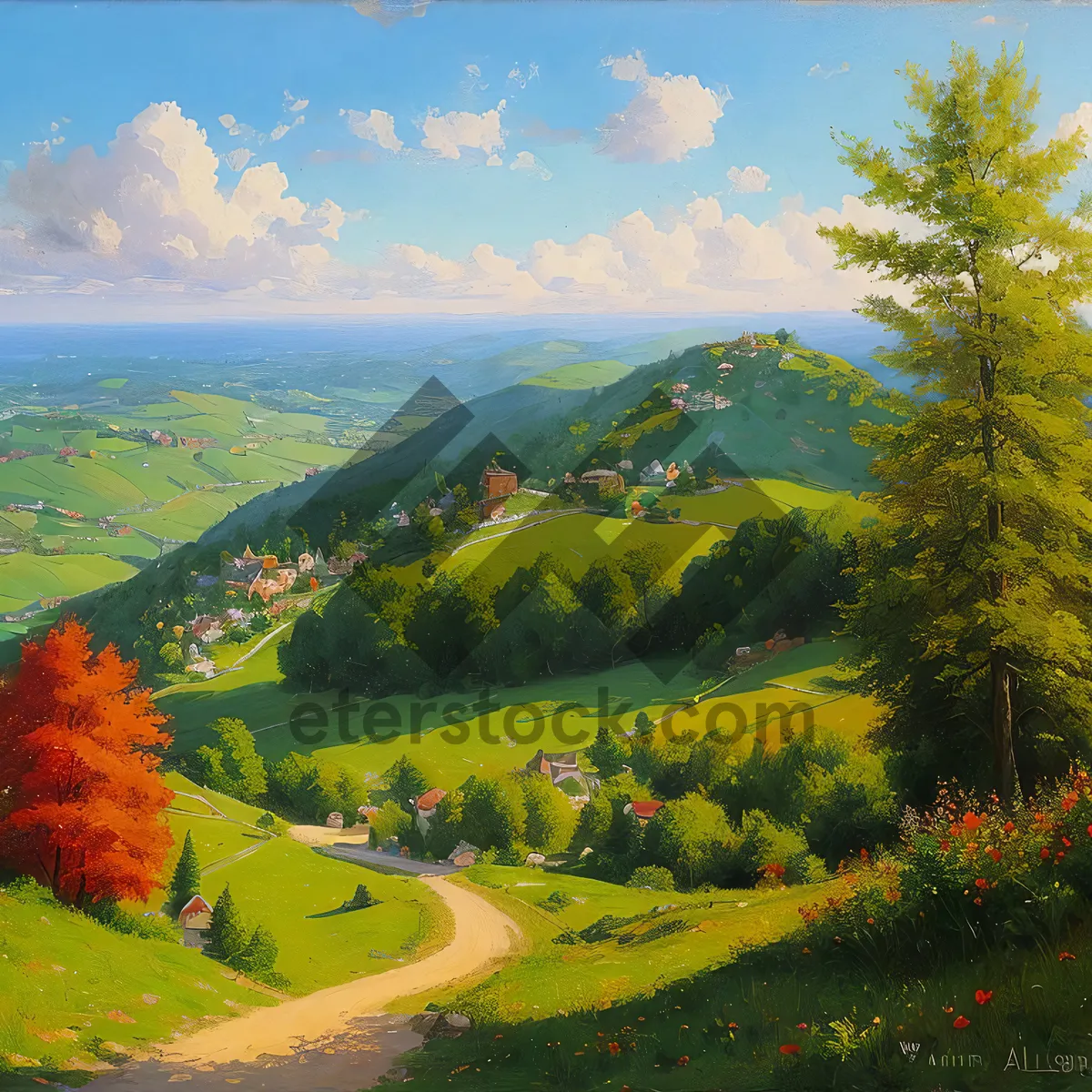 Picture of Golden rural landscape with mountain backdrop