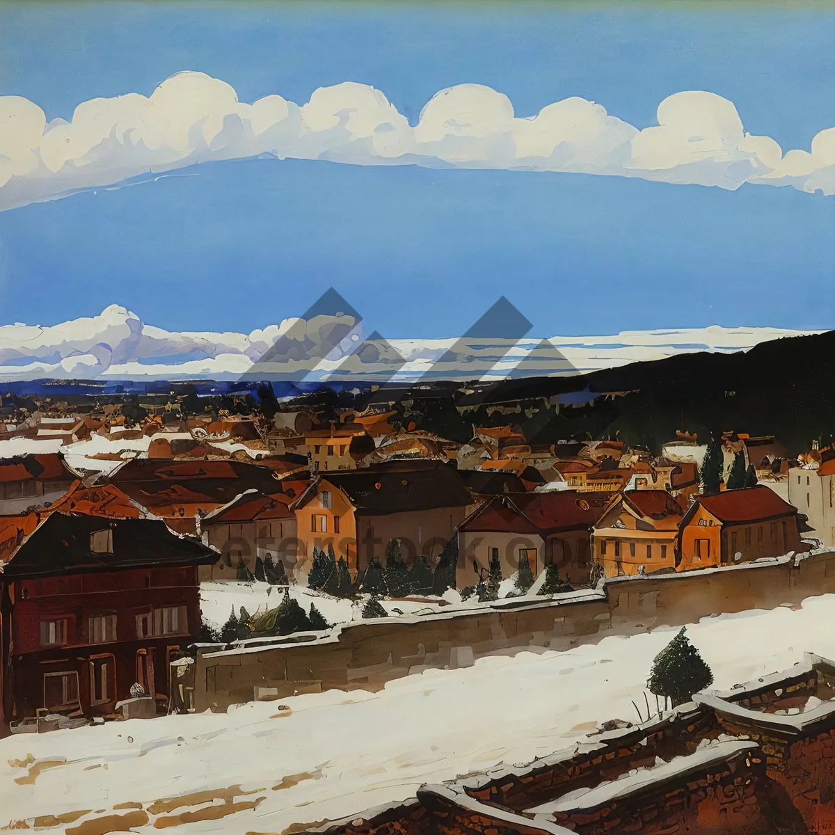 Picture of Snow-covered Tile Roof in the Mountain Cityscape