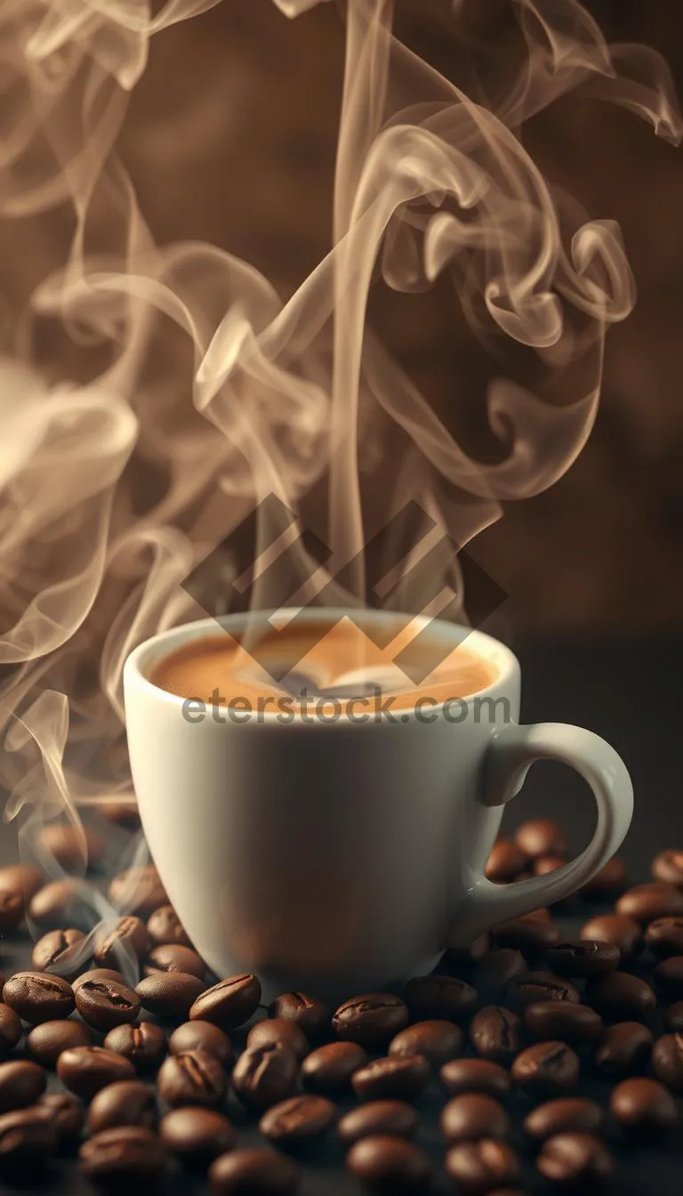 Picture of Fresh espresso in black cup on dark table.