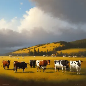 Summer Rural Landscape with Grazing Cows and Horses