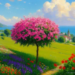 Colorful Crape Myrtle in a Flowering Meadow