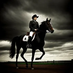 Sunset Ride: Silhouetted Cowboy on Thoroughbred Stallion