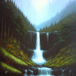 Serene Waterfall amidst Lush Forest and Rocky Landscape