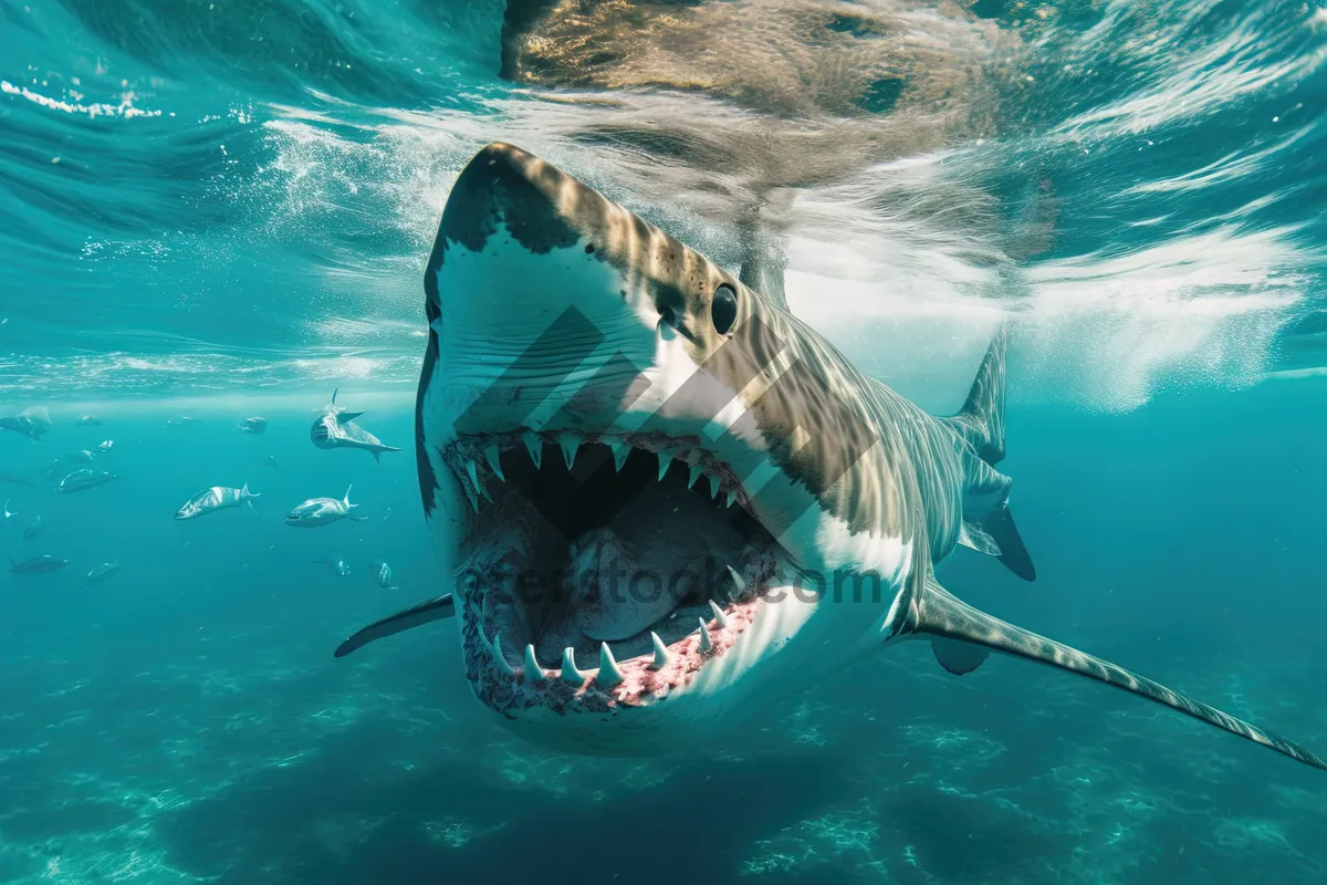 Picture of Clear tropical water with swimming great white shark