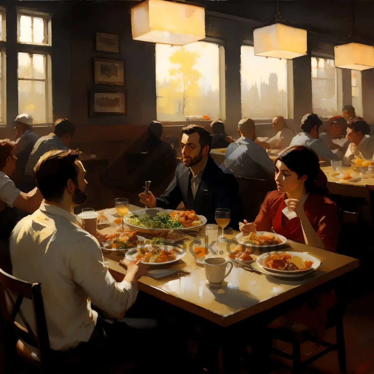 Picture of Happy couple dining at elegant restaurant table with wine.